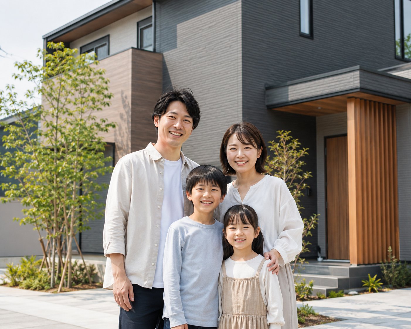 完成した家の前の家族